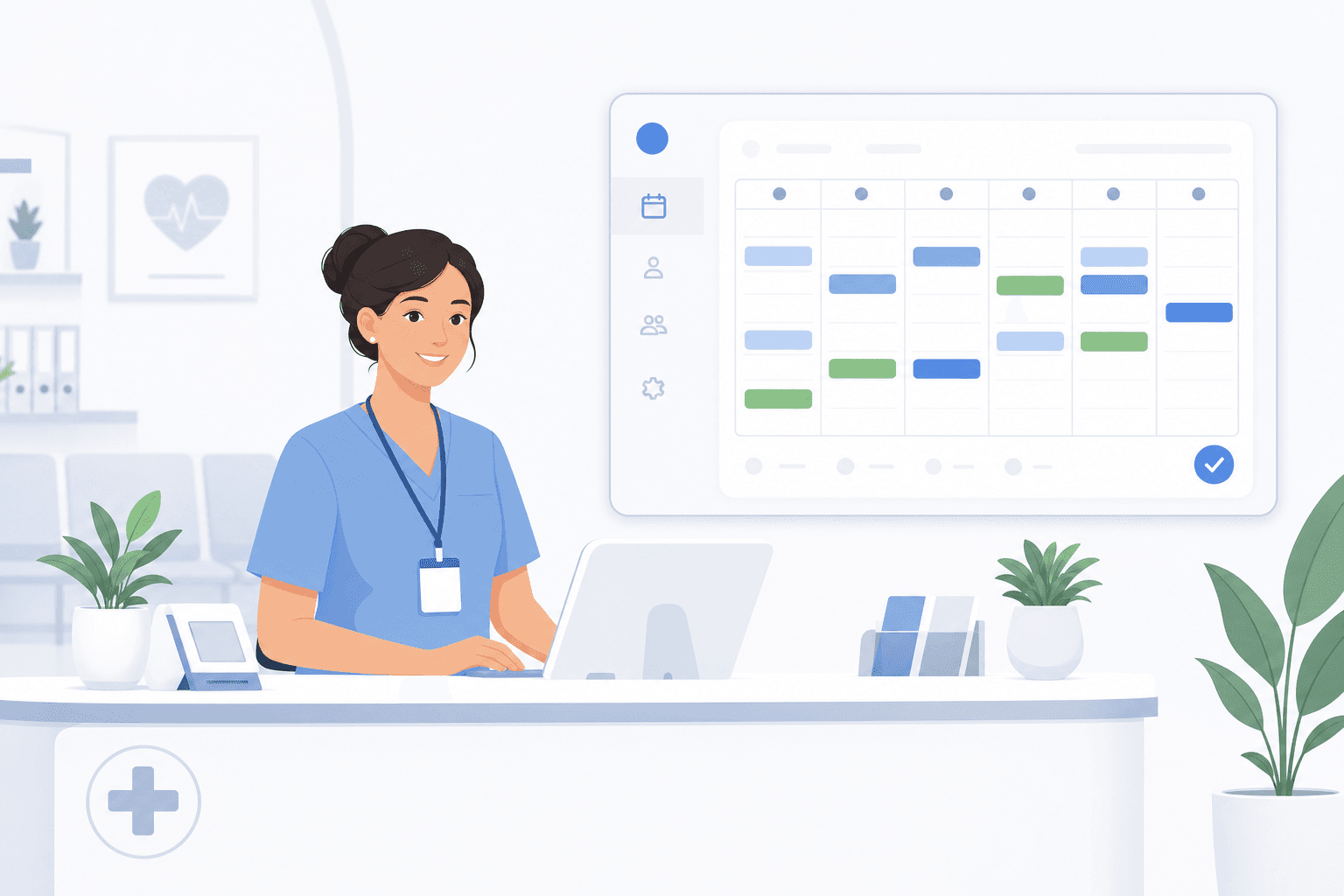 Clinic receptionist scheduling patient appointments on a digital calendar