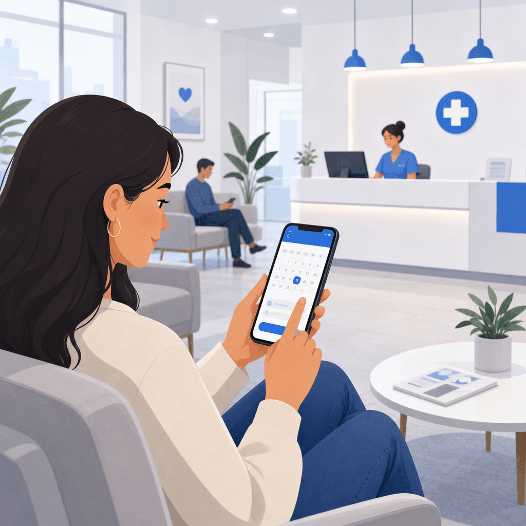 Patient booking a clinic appointment on a mobile phone in a waiting area